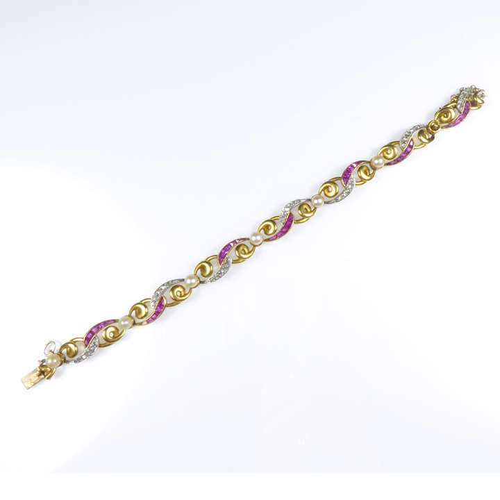 Antique gold, diamond and ruby oval scroll bracelet